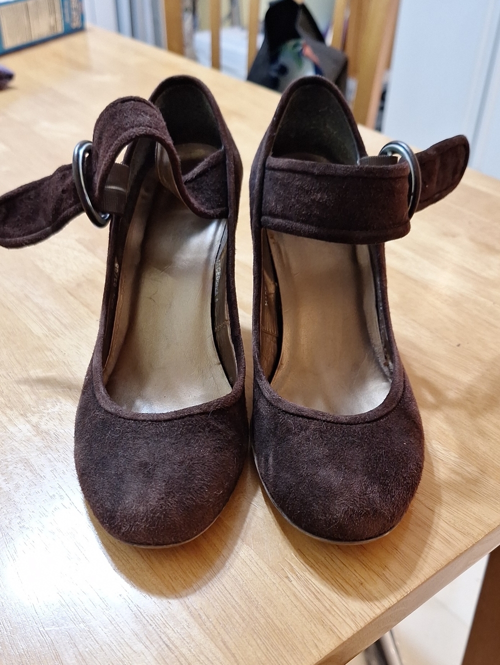Suede Mary Jane Heels in Dark Brown with Ankle Strap